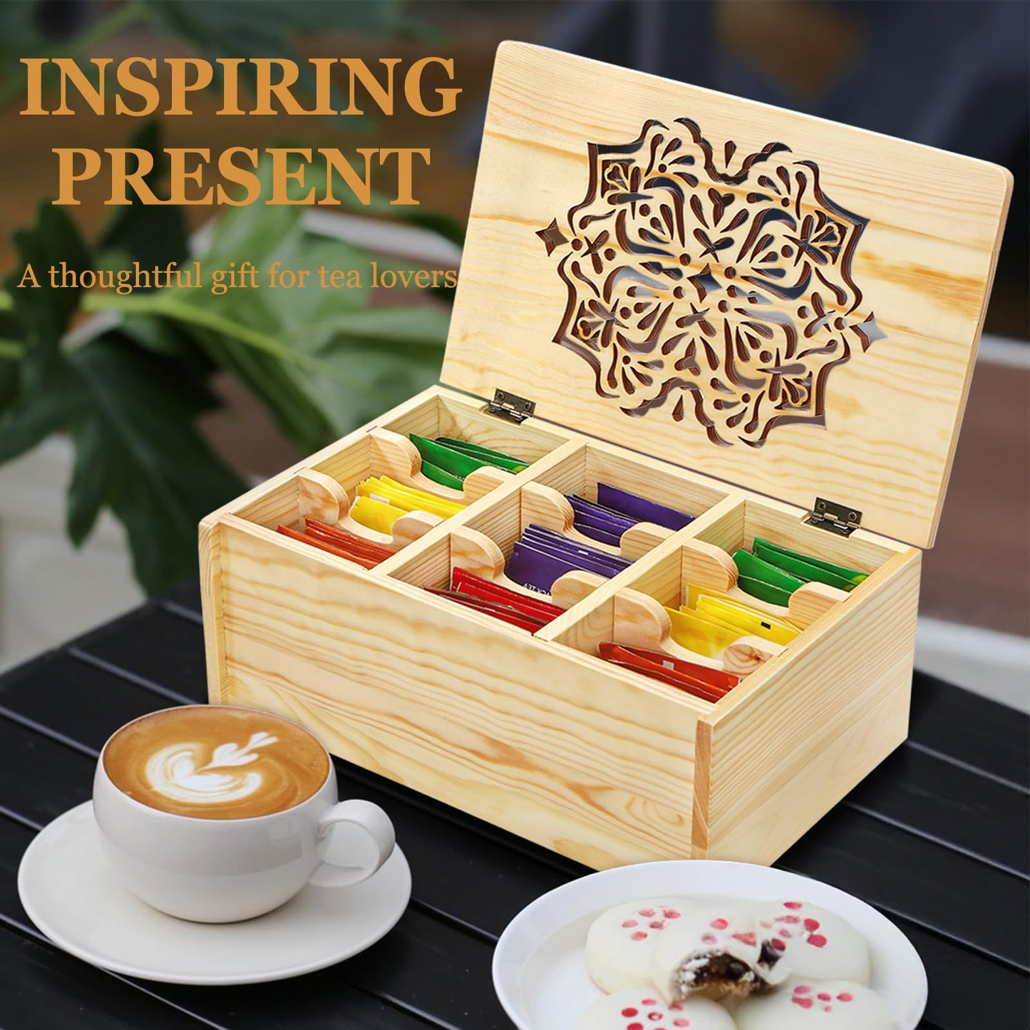 WRINGKIT Tea Bag Organizer Box, Wooden Tea Bag Chest Holder Container with 9 Compartment Floral Carved Lid, Multi-Functional Decorative Box for Storage Sugar Packet, Sweets, Christmas Gift