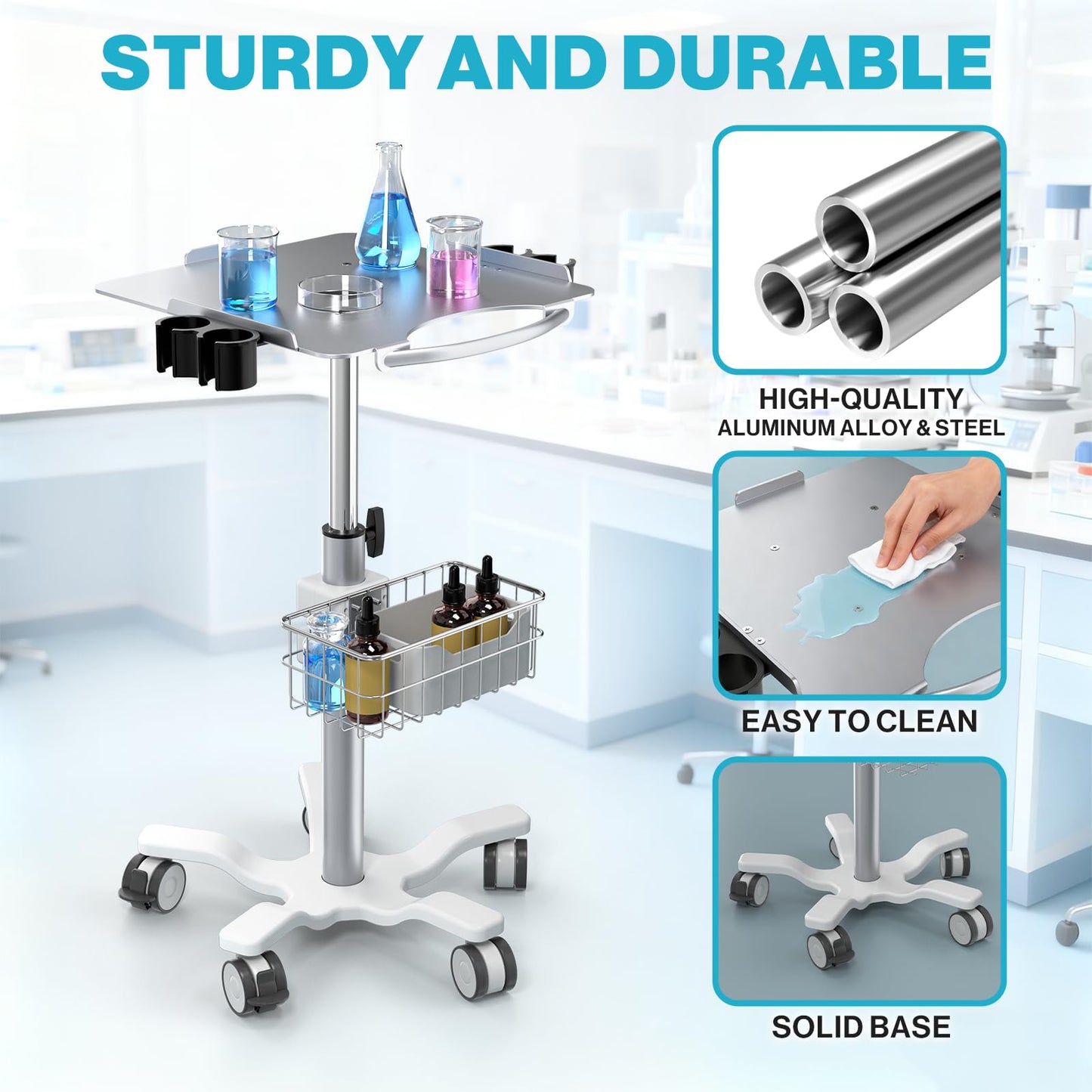 Medical Mobile Trolley Cart with Wheels - Height Adjustable Stainless Steel Dental Cart Rolling Desktop with 16.5"× 16.5" Large Tabletop for Dental Offices, Hospitals, Labs