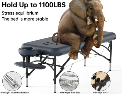 CLORIS 84" Professional Massage Table Portable 2 Folding Lightweight Facial Salon Spa Tattoo Bed Height Adjustable with Carrying Bag & Aluminium Leg Hold Up to 1100LBS Blue