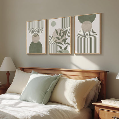 Framed Boho Sage Green Wall Art for Living Room, Large Mid Century Modern Tropical Leaf Canvas Artwork for Walls, 3 Piece Beige Orange Bohemian Wall Art Prints for Bedroom Kitchen Hallway, 16x24 Inch