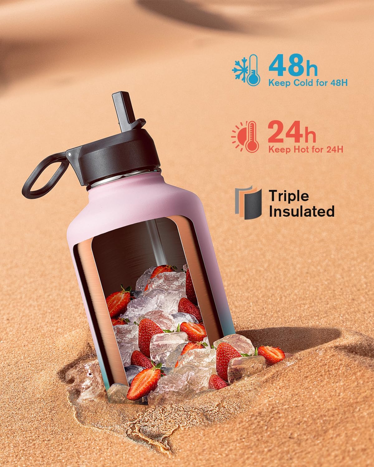 Water Bottle Insulated 64 oz with Straw & 3 Lids, Coolflask Half Gallon Metal Jug, Non-BPA