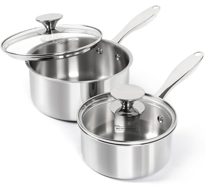MICHELANGELO 1Qt & 2Qt Tri-ply Stainless Steel Saucepan Set, Small Cooking Pots with Tempered Glass Lids, Induction Ready, Oven & Dishwasher Safe, Multipurpose Sauce Pans for Home Kitchen & Restaurant