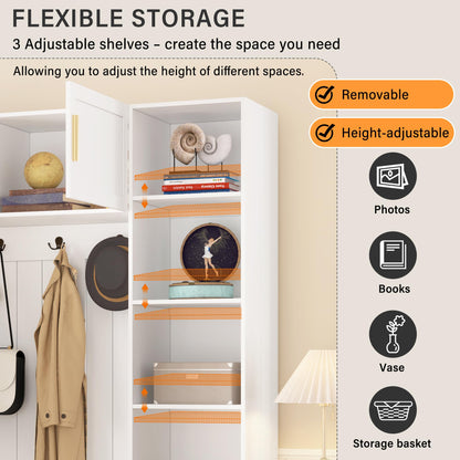 Amposei 94.49’’W Extra Large Hall Tree Cabinet with 6 Doors & 3 Drawers, Tall Entryway Organizer Shoe Storage Bench with 4 Coat Hooks & 6 Open Cubbies for Hallway Mudroom Living Room, White