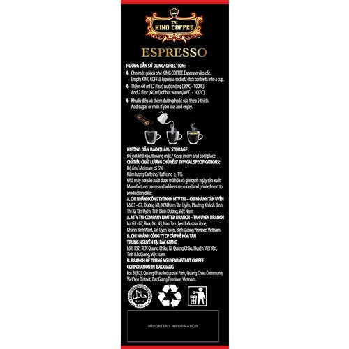 King Coffee Espresso Instant Coffee Vietnamese Coffee, Trung Nguyen International, Arabica Instant Coffee Mix, Medium Roast, 15 Sticks Per Box x 2.5g, Pack of 12