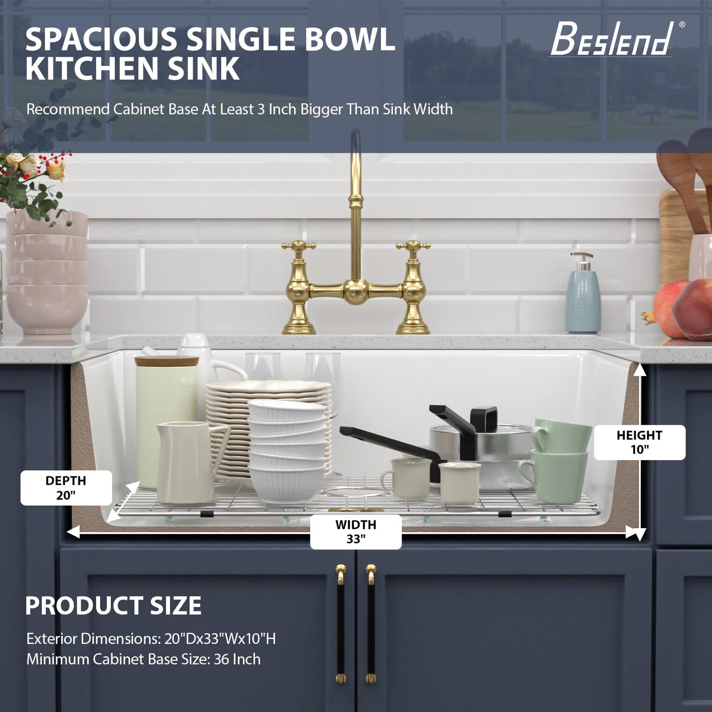 Beslend White Farmhouse Sink 33X20 inch Fireclay Farm Style Apron Front Undermount Kitchen Sink Large Single Bowl Farmer Kitchen Basin