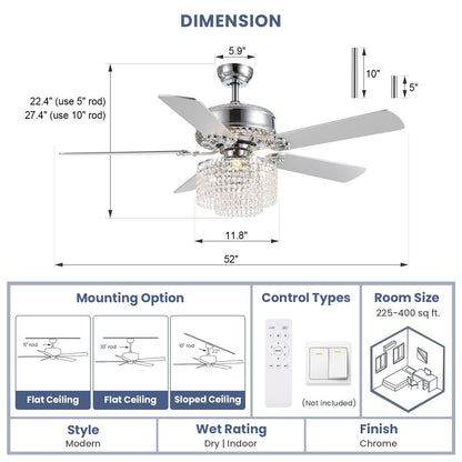 CROSSIO 52 Inch Crystal Ceiling Fan with Light and Remote Control, Modern Chandelier Fan with 5 Reversible Wood Blades Chrome Fandelier for Living Room Bedroom (Fine line Crystal-Ceiling Fan)