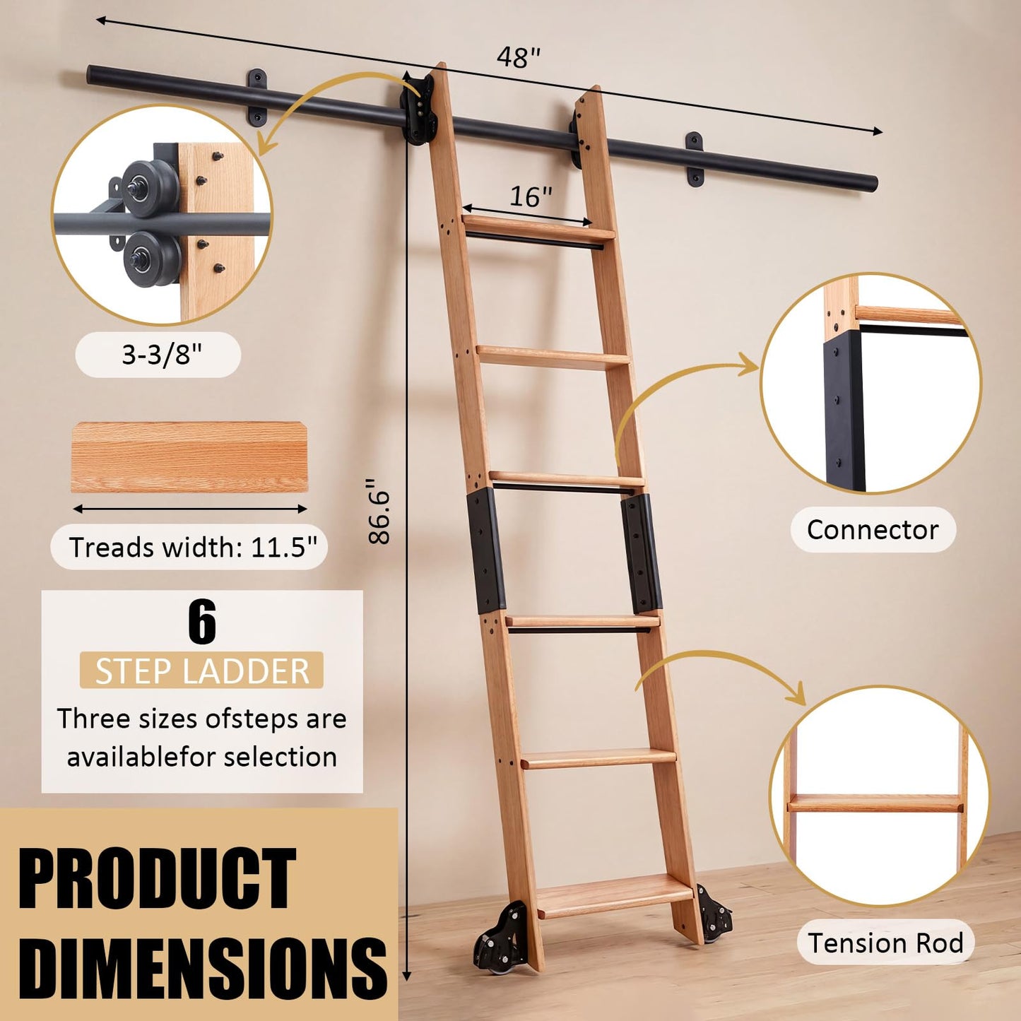 Leinuosen 86 Inch Rolling Library Ladder with 4FT Track Kit, Solid Oak Wood Ladder with Braking Wheels, Sliding Kit for Home, Bookshelf, Loft(Suitable for Installation Height 80-3/4")