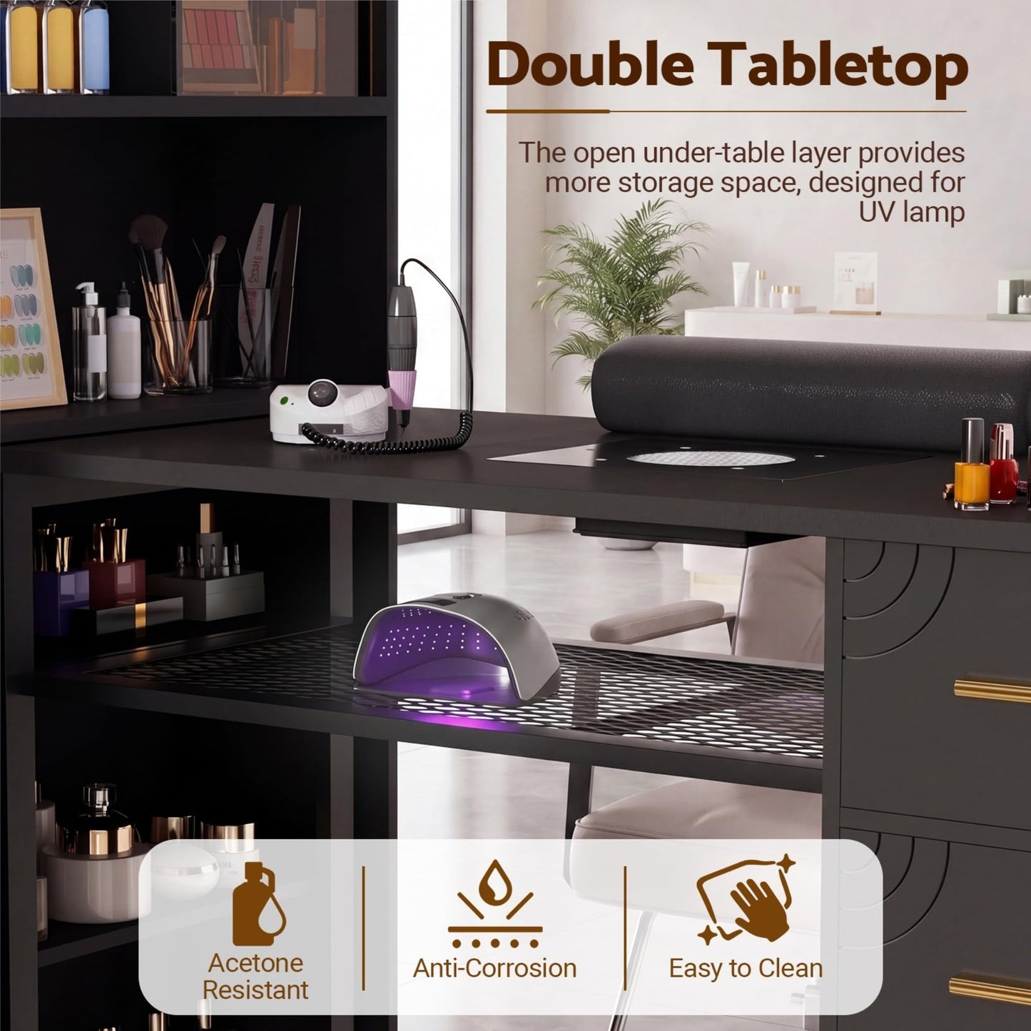 Oakvera Manicure Table with LED Display Cabinet, Mobile Nail Tech Desk Built-in Dust Collector, Nail Station with Double Tabletop, 3 Adjustable Shelves, Open Storage, Drawers & Cabinets, Black