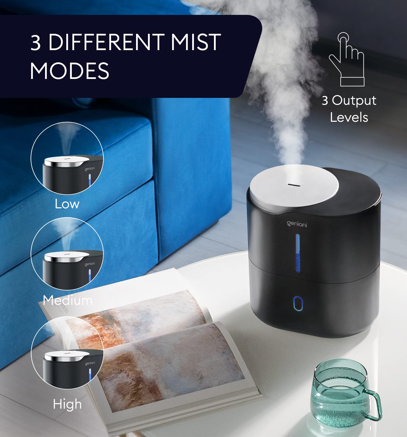 GENIANI Ultrasonic Cool Mist Humidifier for Bedroom, Large Rooms, Home, 4L - Easy Fill & Clean Humidifier for Plants w/Auto Shut-off, 40H Runtime - Quiet, Top Fill Air Humidifier