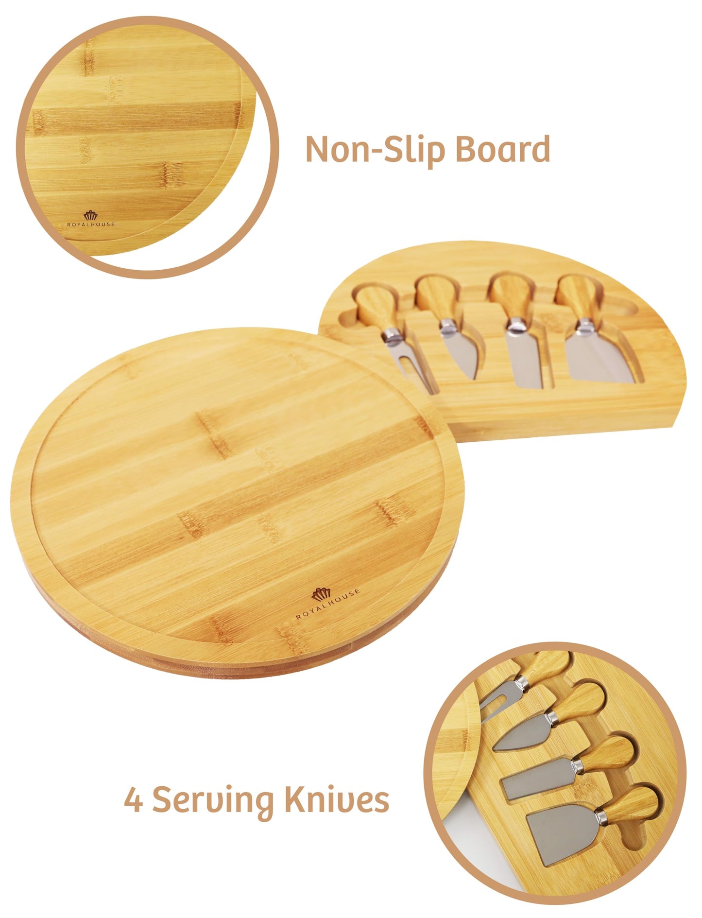 RoyalHouse Bamboo Round Cheese Board and 4 Knives Set with Slide-Out Cutlery Drawer - Charcuterie Boards Set - House Warming Gifts New Home, Wedding Gifts for Couple 2025, Bridal Shower