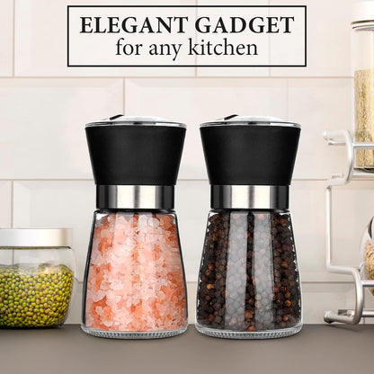 Manual Refillable Pepper Grinder - 6 Oz Glass Grinders for Pepper, Salt & Spices, Adjustable Rotor with 5 Settings