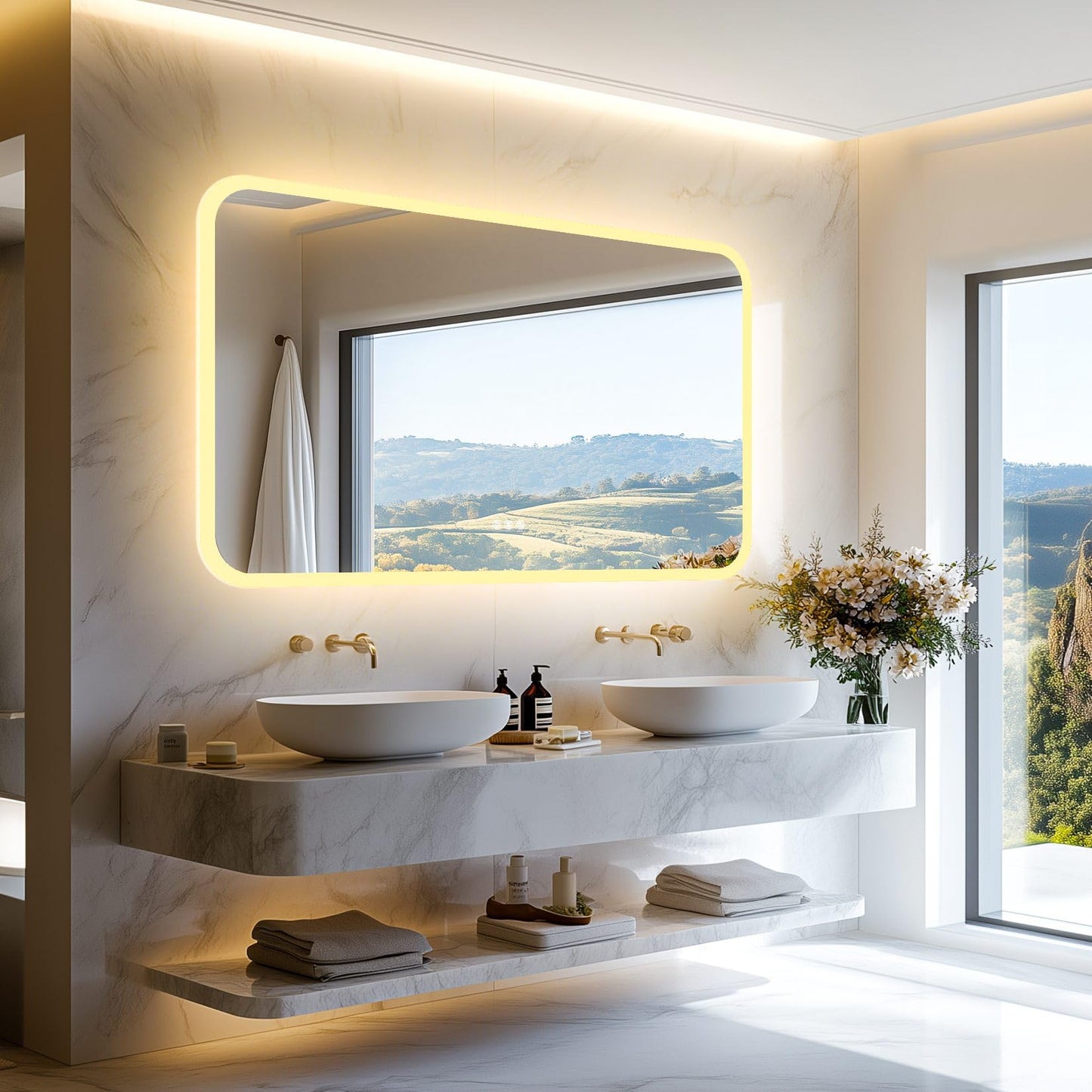 LUVODI Rectangle LED Bathroom Mirror: Smart Bluetooth Vanity Mirror Front-Lit Defogger Stepless Dimming, 27.6x47.3 inch