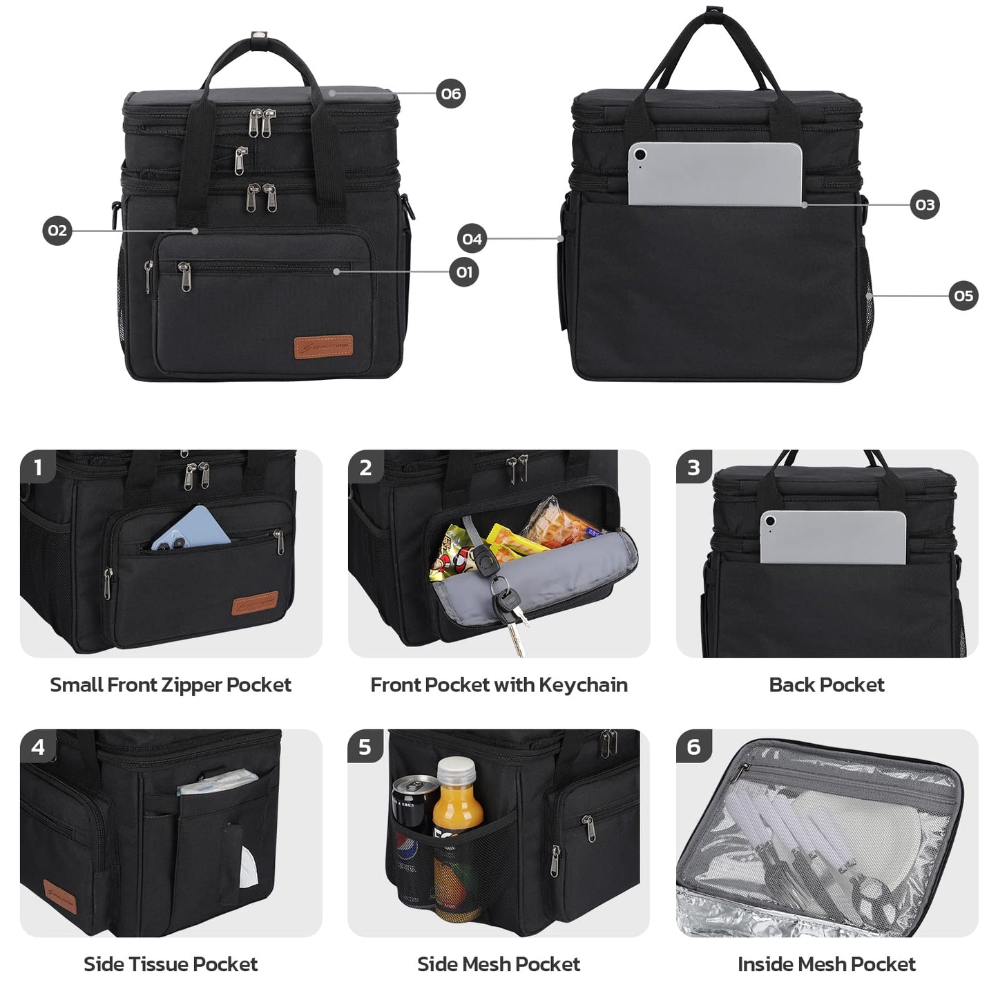 Maelstrom Lunch Box, 23L Insulated Lunch Bag, Expandable Double Deck Cooler Bag, Lightweight Leakproof Tote Bag With Side Tissue Pocket, Suit For Men and Women (A. Black)