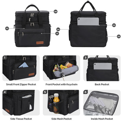 Maelstrom Lunch Box, 23L Insulated Lunch Bag, Expandable Double Deck Cooler Bag, Lightweight Leakproof Tote Bag With Side Tissue Pocket, Suit For Men and Women (A. Black)