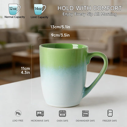 MONITO 14 OZ Coffee Mugs Set of 6, Large Ceramic Blue Coffee Mugs Set with handle for Tea/Latte/Milk/Cocoa, Funny Tea Cups for Office and Home, Engagement Gifts. (White-green)