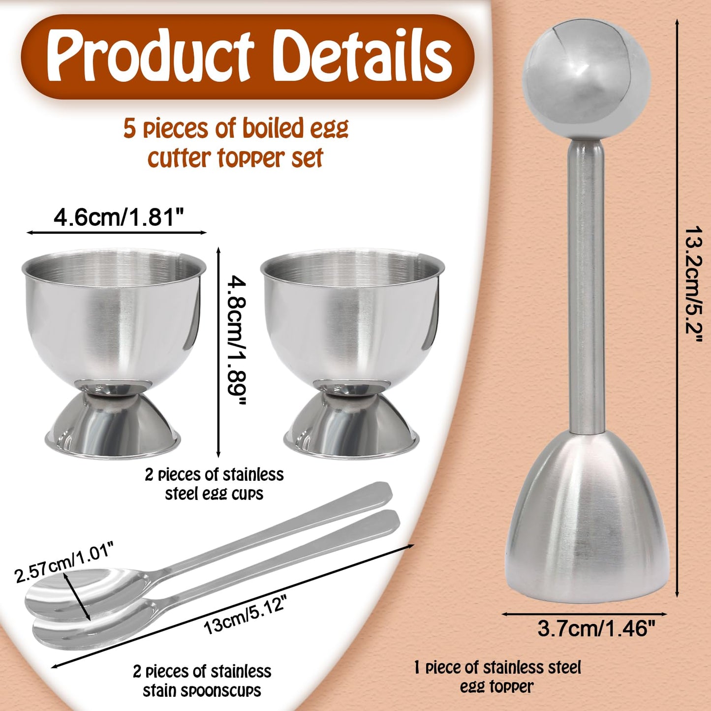 vibedor Egg Cups & Cracker Set of 5, 1 Stainless Steel Egg Topper Cutter - 2 Egg Holders for Soft Boiled Eggs - 2 Egg Spoons for Boiled Eggs