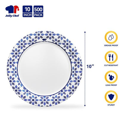 JOLLY CHEF 10 inch Disposable Paper Plates 500 Count, Soak Proof, Cut Proof, Heavy Duty Paper Plates for Party or Everyday Use