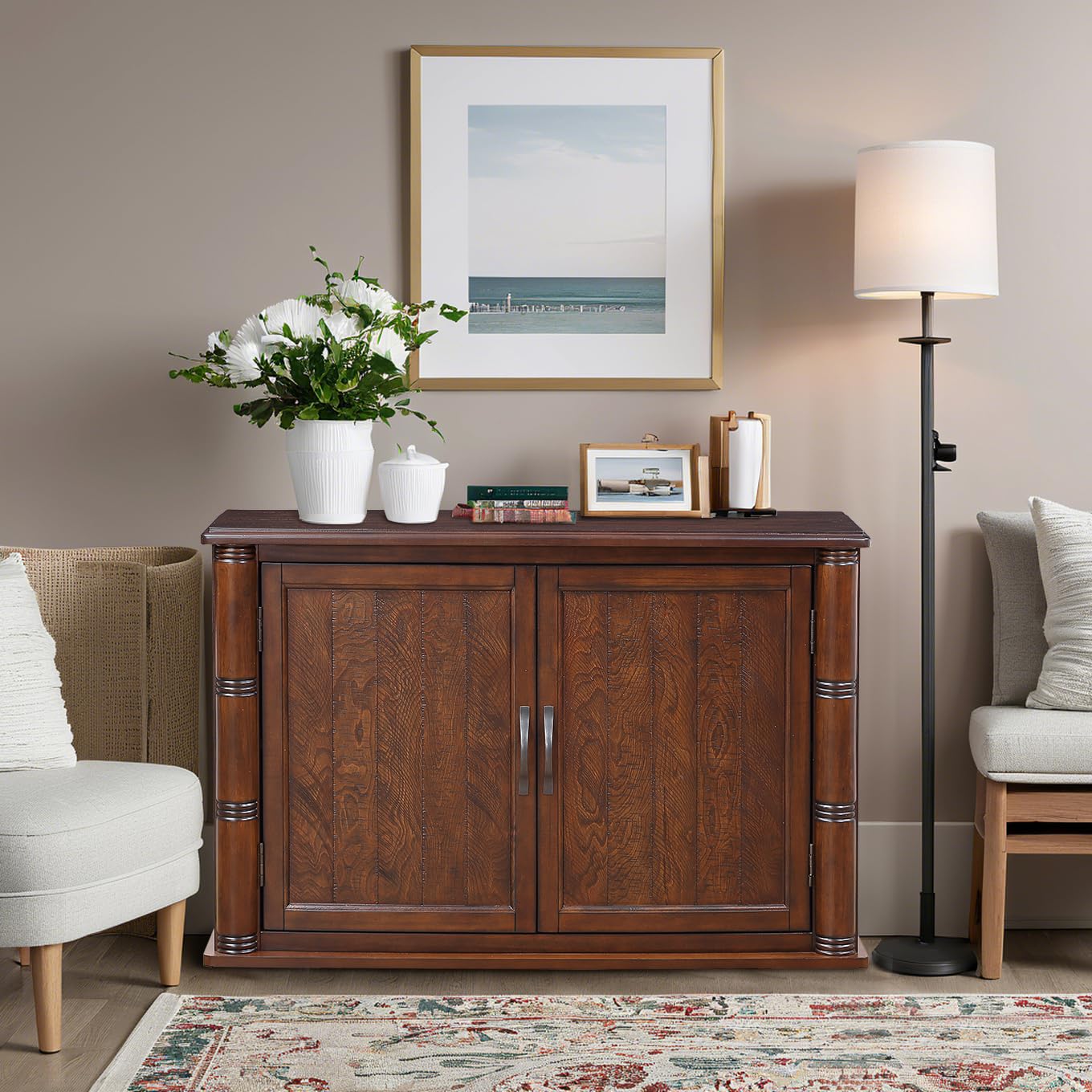HMFULE 40" Sideboard Cabinet 2-Doors Solid Wood, Retro Buffet Cabinet with Storage Adjustable Shelf, Console Table Accent for Hallway, Living Room, Dining Room, Kitchen, Entry Way (Brown)