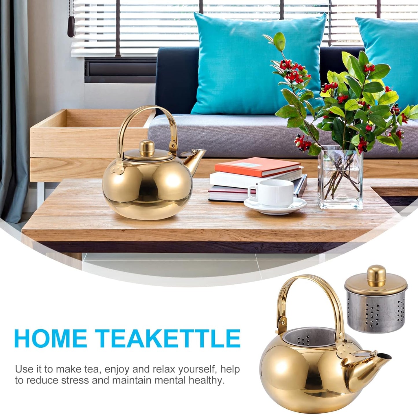 Hemoton Stainless Steel Tea Pot with Infuser, 1L/34 OZ Stovetop Kettle for Loose Leaf Tea, Golden Camping