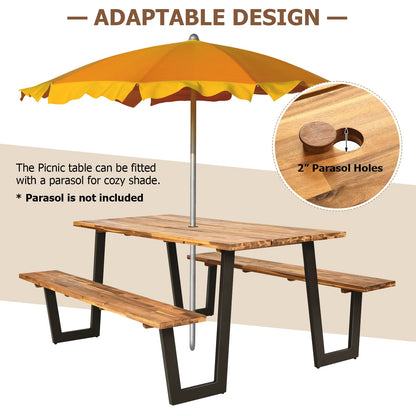 S AFSTAR 70" Outdoor Picnic Table, Heavy Duty Wooden Table and Bench Set with Umbrella Hole, All-Weather Acacia Wood Picnic Tables for 6, Garden, Backyard, Porch, Patio