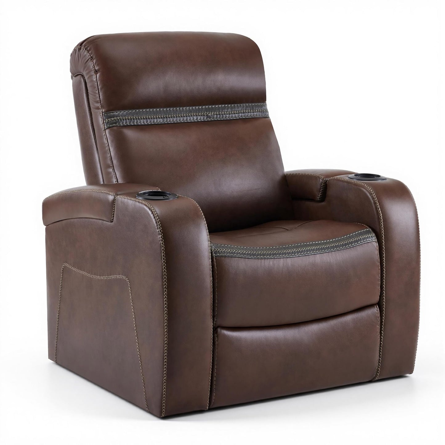 MCombo Power Recliner Chairs, Leather Recliner Chair for Adults, Home Theater Seating with Adjustable Headrest, USB Ports, LED Light & Armrest Storage, Recliners for Living Room HTS400 (Light Brown)