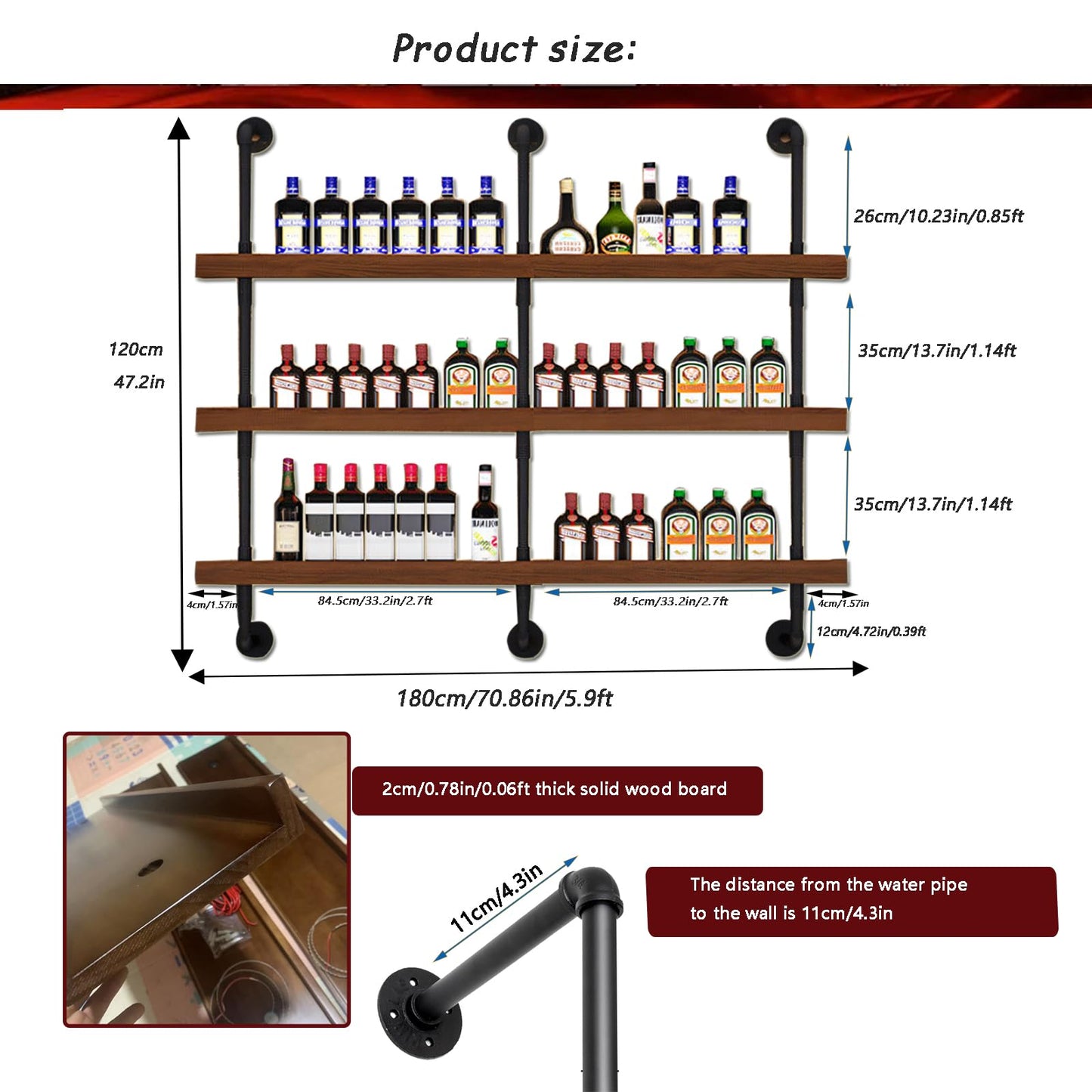 Dawselod 70.8in Large Wine Rack with LED Light Solid Wood Wall Mounted Wine Rack, 3-Tiers Liquor Bottles Floating Shelves Display Storage Organizer for Home Bar & Dining Room (180cm/70.8in)