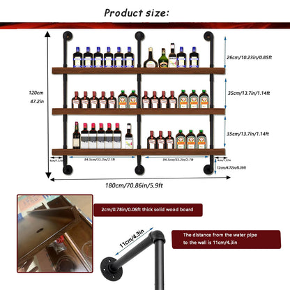 Dawselod 70.8in Large Wine Rack with LED Light Solid Wood Wall Mounted Wine Rack, 3-Tiers Liquor Bottles Floating Shelves Display Storage Organizer for Home Bar & Dining Room (180cm/70.8in)