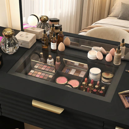 AraSyleon Makeup Vanity Desk with Mirror Lights Black, Glass Tabletop 3 Lighting Modes Adjustable Vanity Table Modern Makeup Desk with Chair Power Outlet and 6 Drawers for Bedroom