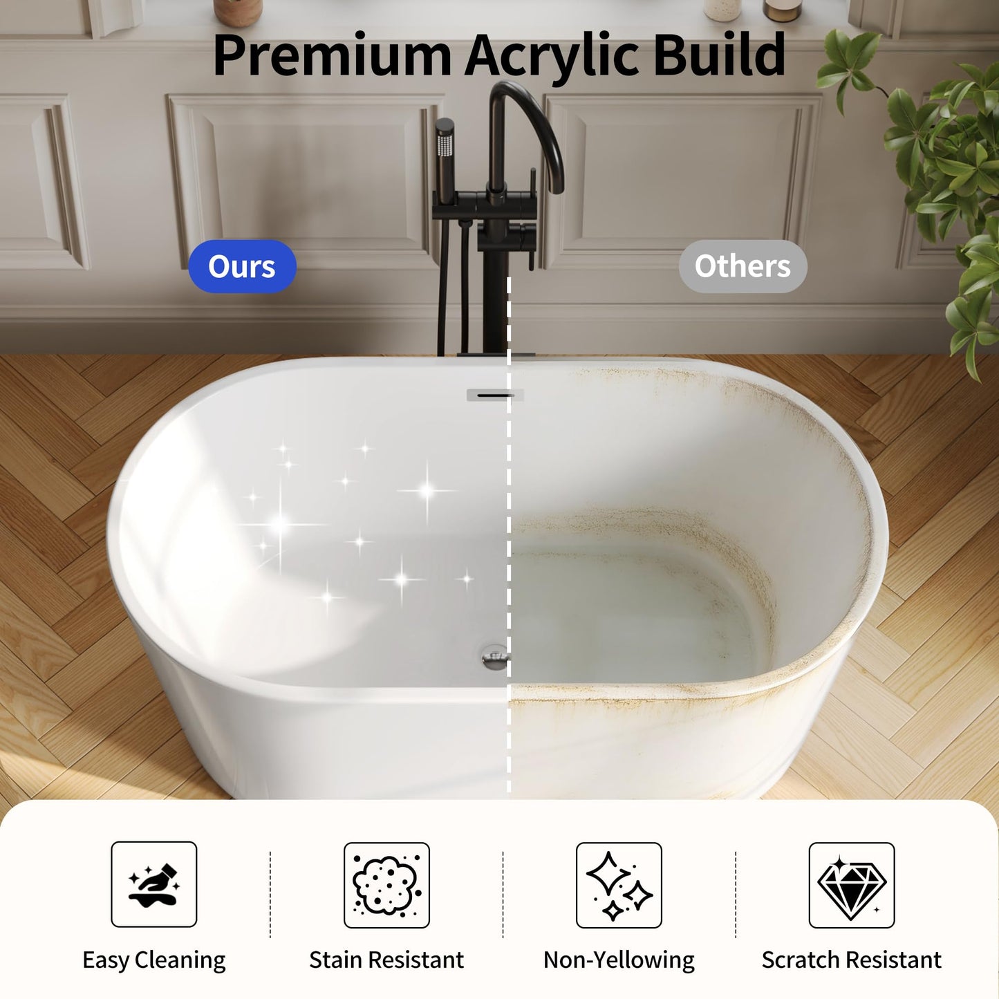 DeerValley 55" Acrylic Freestanding Bathtub, Deep Soaking Tub with Center Drain & Integrated Overflow, White Standalone Shower Tub Ergonomic Design, DV-1T0582
