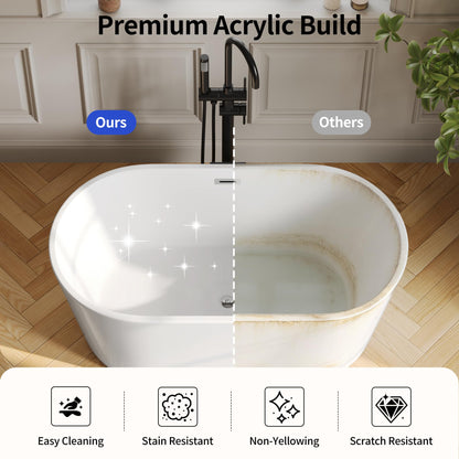 DeerValley 55" Acrylic Freestanding Bathtub, Deep Soaking Tub with Center Drain & Integrated Overflow, White Standalone Shower Tub Ergonomic Design, DV-1T0582