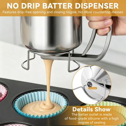 Pancake Dispenser for Batter, Stainless Steel Batter Dispenser, 900ML Funnel Cake Dispenser Batter Pourer for Baking Cupcakes Muffins Crepes Waffles