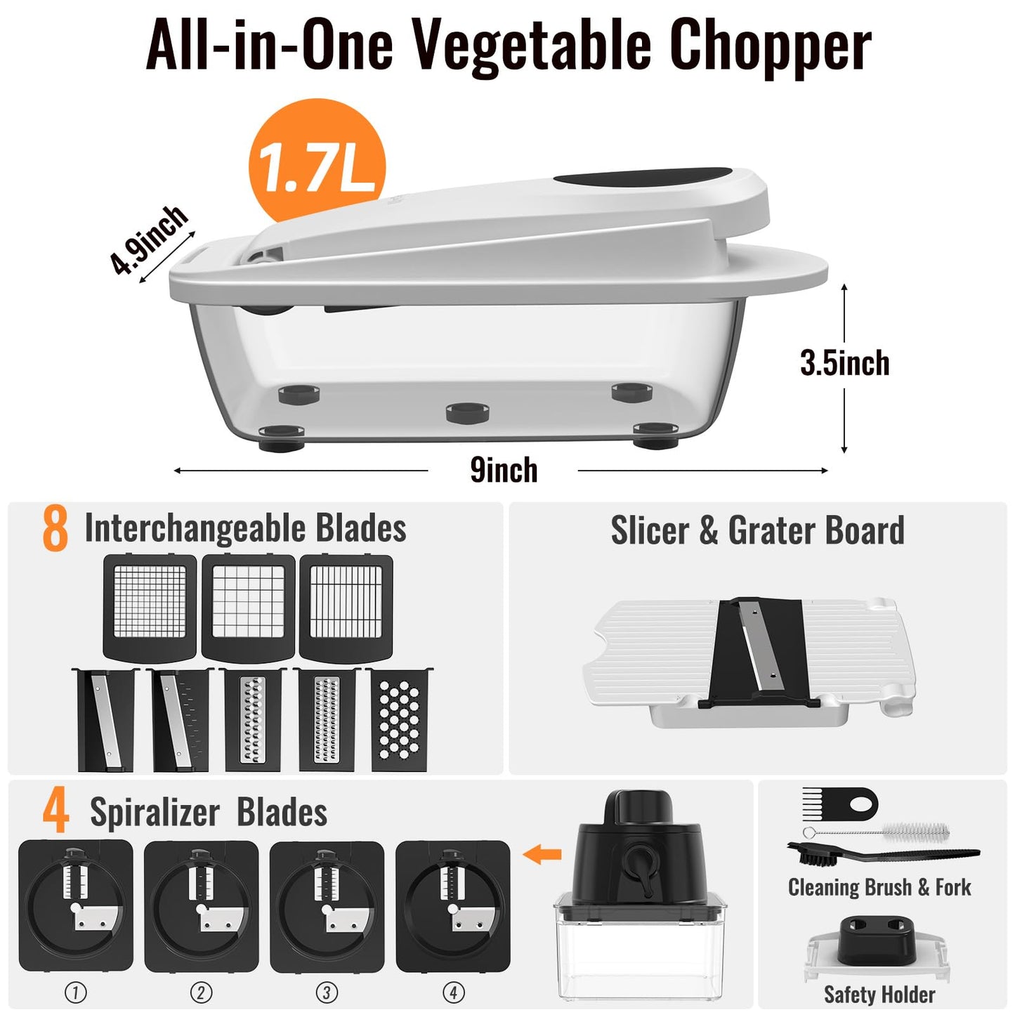 12 Blade All-in-1 Vegetable Chopper Mandoline Slicer with Container, Spiralizer with Containers, Food Chopper, Onion Chopper, Veggie Cutter for Salad, Kitchen Gadgets Accessories Essentials, White