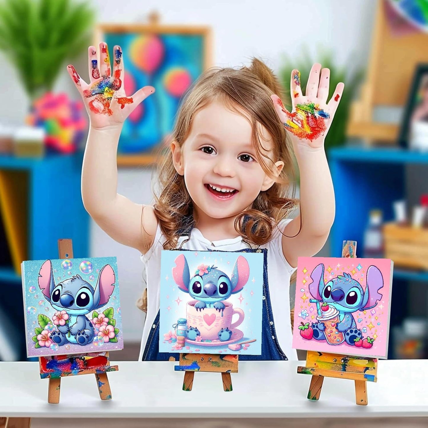 nekpiahu 6 Pack Cartoon Paint by Numbers for Kids with Framed Canvas-with Wooden Easel, Paint by Number for Kids Ages 4-8-12, DIY Easy Acrylic Oil Painting Kits for Home Wall Decor (8X8inch)