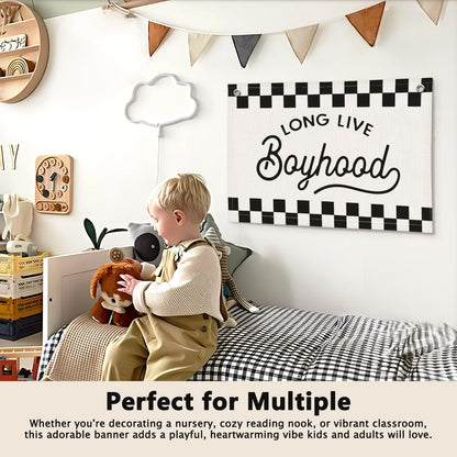 ETVISO Long Live Boyhood Black and White Checkered Boys Room Decor - Cars Room Decor Linen Banner Wall Hanging Canvas Banner Flag Decor for Toddler Boy Bedroom Nursery Playroom Birthday Party