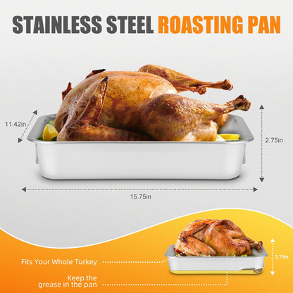 Stainless Steel Turkey Roasting Pan with Rack & Handles, Heavy Duty Food-Safe Turkey Pan Dishwasher Safe, Perfect for Cooking Turkey and Steak for Thanksgiving and Christmas (Standard)
