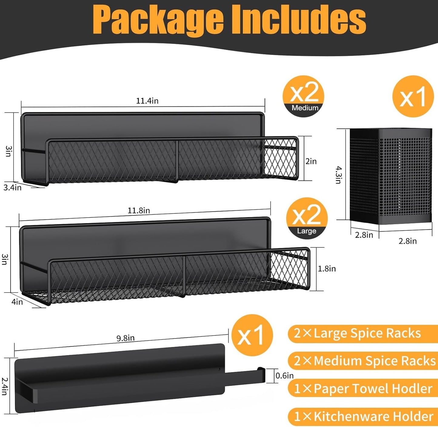 6 Pack 100% Magnetic Spice Rack for Refrigerator, Metal Strong Magnet Shelf Black, Space Saving Spice Organizer, Home
