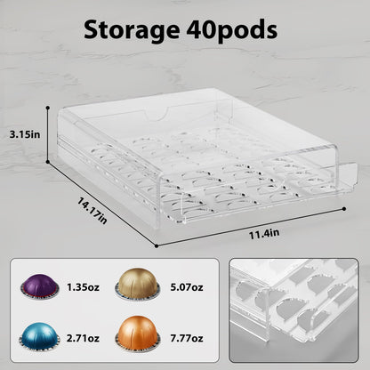 Clear Acrylic Coffee Pod Drawer for Nespresso Vertuo 40 Pod Double Sided Pull Out Organizer