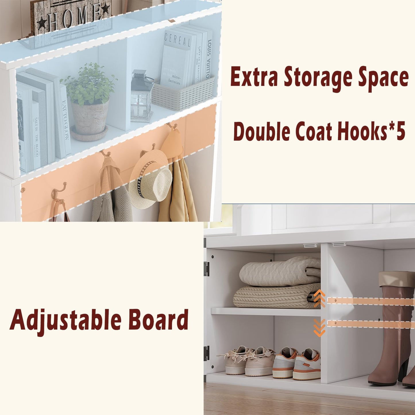 IDEALHOUSE 76" Hall Tree with Bench and Shoe Storage, Farmhouse 4-in-1 Entryway with Coat Rack & 5 Tri-Hooks, Adjustable Shelf, White Mudroom Bench with Storage Seating, Space Saving, White