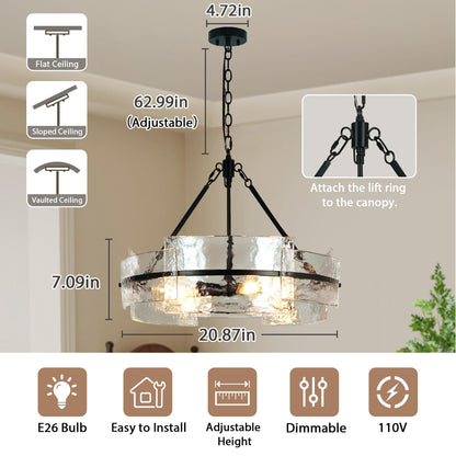 Water Textured Black Glass Drum Chandelier,Glass Chandeliers for Dining Room 20.8" Round Chandelier Dining Room Light Fixtures Over Table Modern Farmhouse Glass Pendant Light for Living Room Foyer