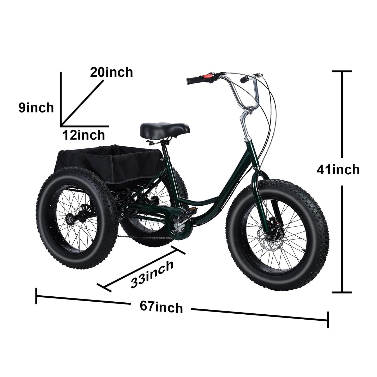 Masiunoz 20 Inch Snow Fat Tire Trike - 7 Speed Adult 3 Wheel Bicycle, Big Wheel Tricycle with Rear Cargo Basket, 450lb Capacity, Dual Disc Brakes, Comfort Seat for Seniors