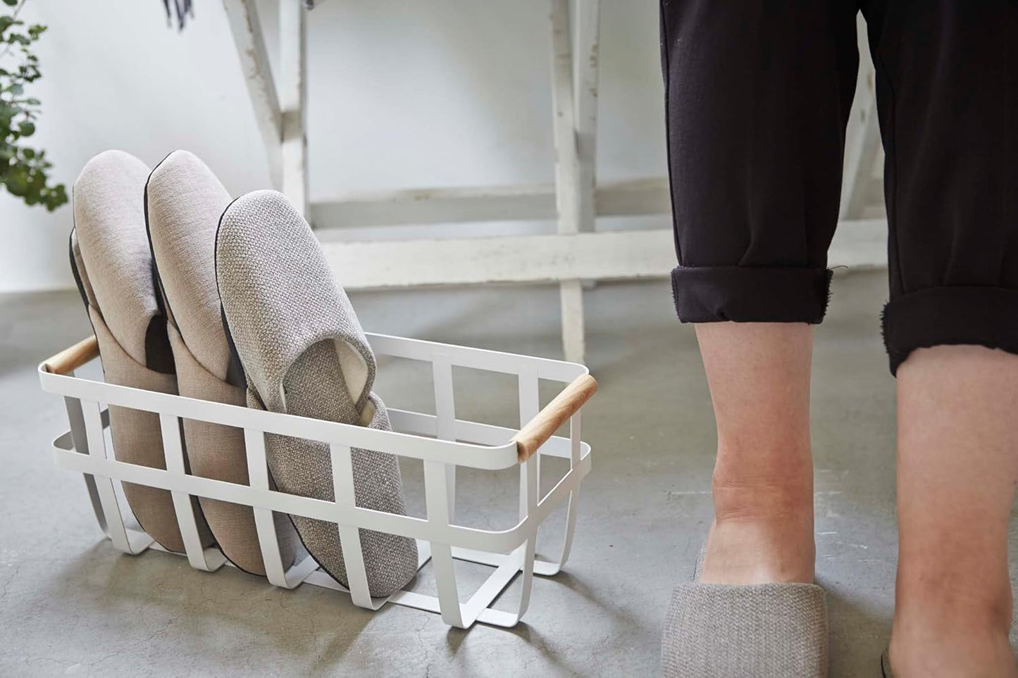 Storage Basket - Home Organizer Bin Holder with Wooden Handle - Steel + Wood - Small White