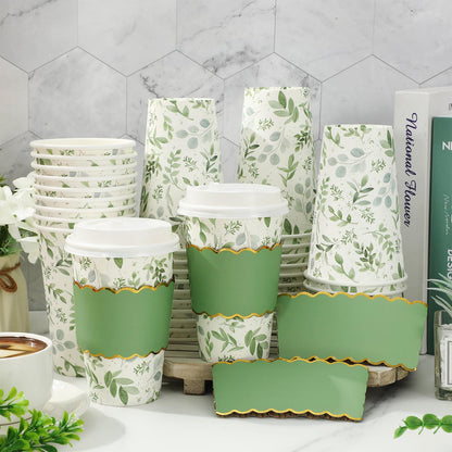 JarThenaAMCS 50 Pcs Greenery Coffee Cups with Lids Sleeves 16 Oz Green Eucalyptus Leaves Paper Cups Disposable To Go Coffee Cup for Wedding Cafes Shops Cappuccino Chocolate Beverage Cocoa