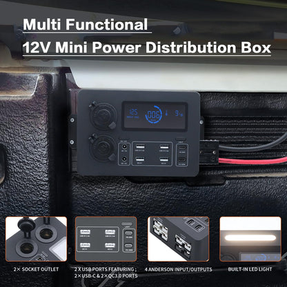 AMOMD 12-24 V Power Outlet Hub Distribution Box 13 Output Sockets Quick Plug+PD20W/100W+QC3.0 USB+CIG Power Sockets Plug-and-Play with LCD Display LED Light Suitable for All Deep-cycle Type