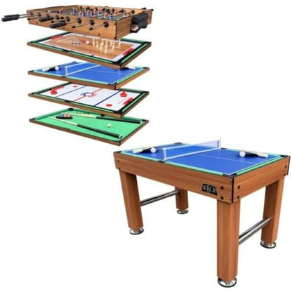 KICK Pentacle 55" 5-in-1 Multi Game Table (Brown) – Foosball, Billiards/Pool, Push Hockey, Shuffleboard & Bowling