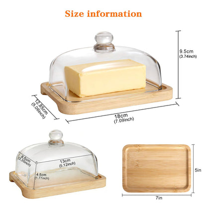 RingsTown‌ wide butter dish with glass lid with Easy-Grip Handle Lid & Natural Bamboo Base - Airtight Seal for Butter Storage Box for Kitchen Countertop and Dining Table to Keep Butter Fresh.