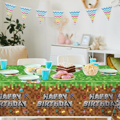 HALUNHL Pixel Birthday Party Decorations Tablecloth, Large 108" X 54" Popular Game Theme Birthday Table Cover for Big Fans, Pixel Party Supplies Table Cloth for Home