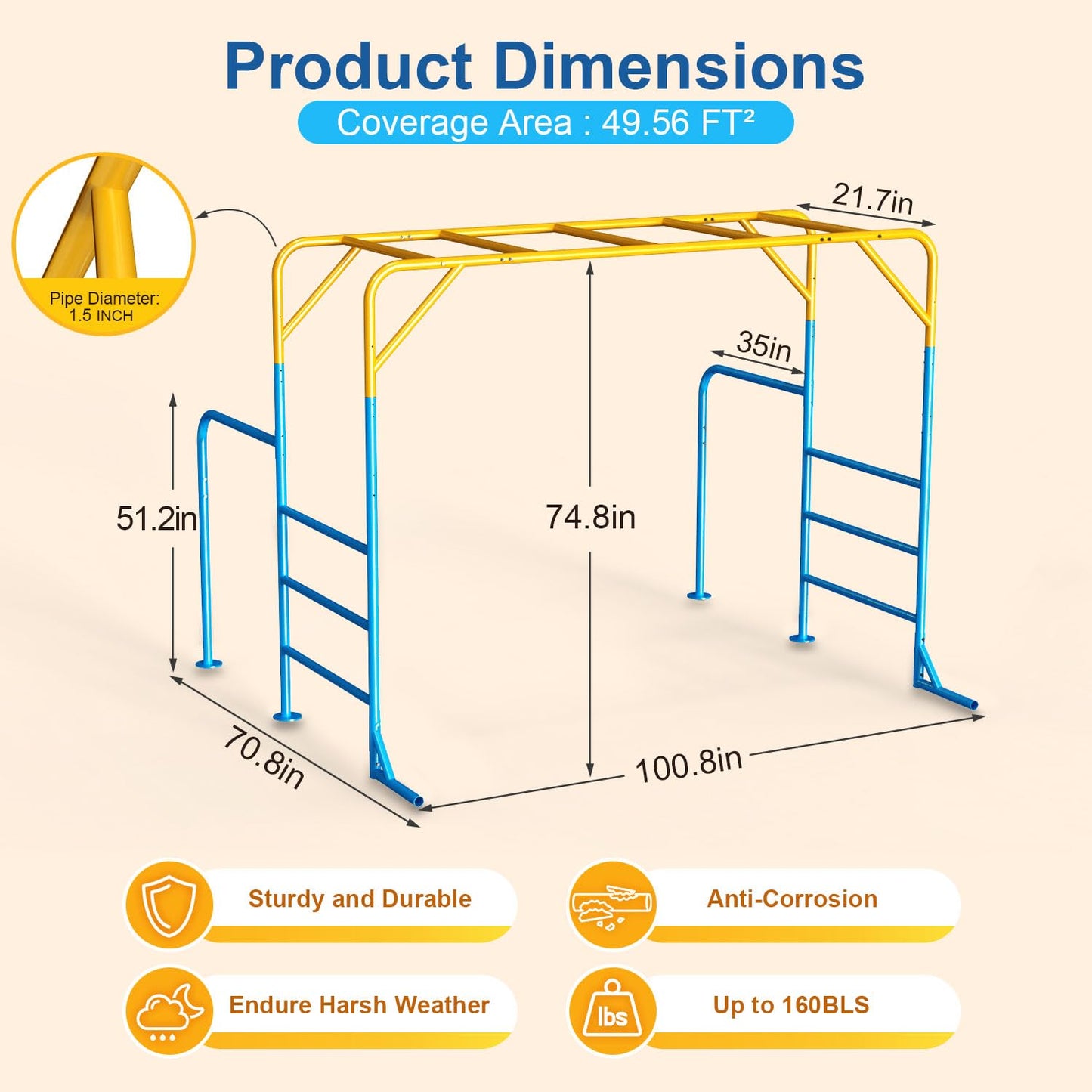 DOLEMODUO Large Monkey Bars for Kids, Outdoor Monkey Bar Set with Climbing Frame, Heavy-Duty Metal Playground Climbing Playset for Backyard, Kids Jungle Gym for Aged 3+
