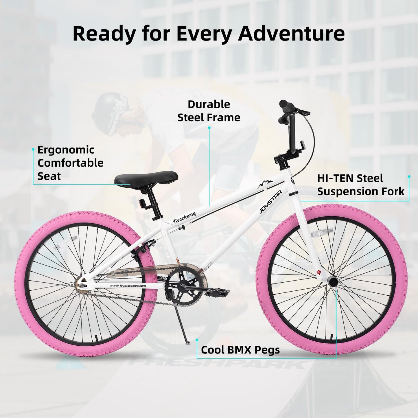 JOYSTAR 24 Inch Kids Bike Freestyle BMX Bikes for 8-12 Years Boys Girls and Beginner Riders, 24 Inch Bikes with Pink Tires, White Frame