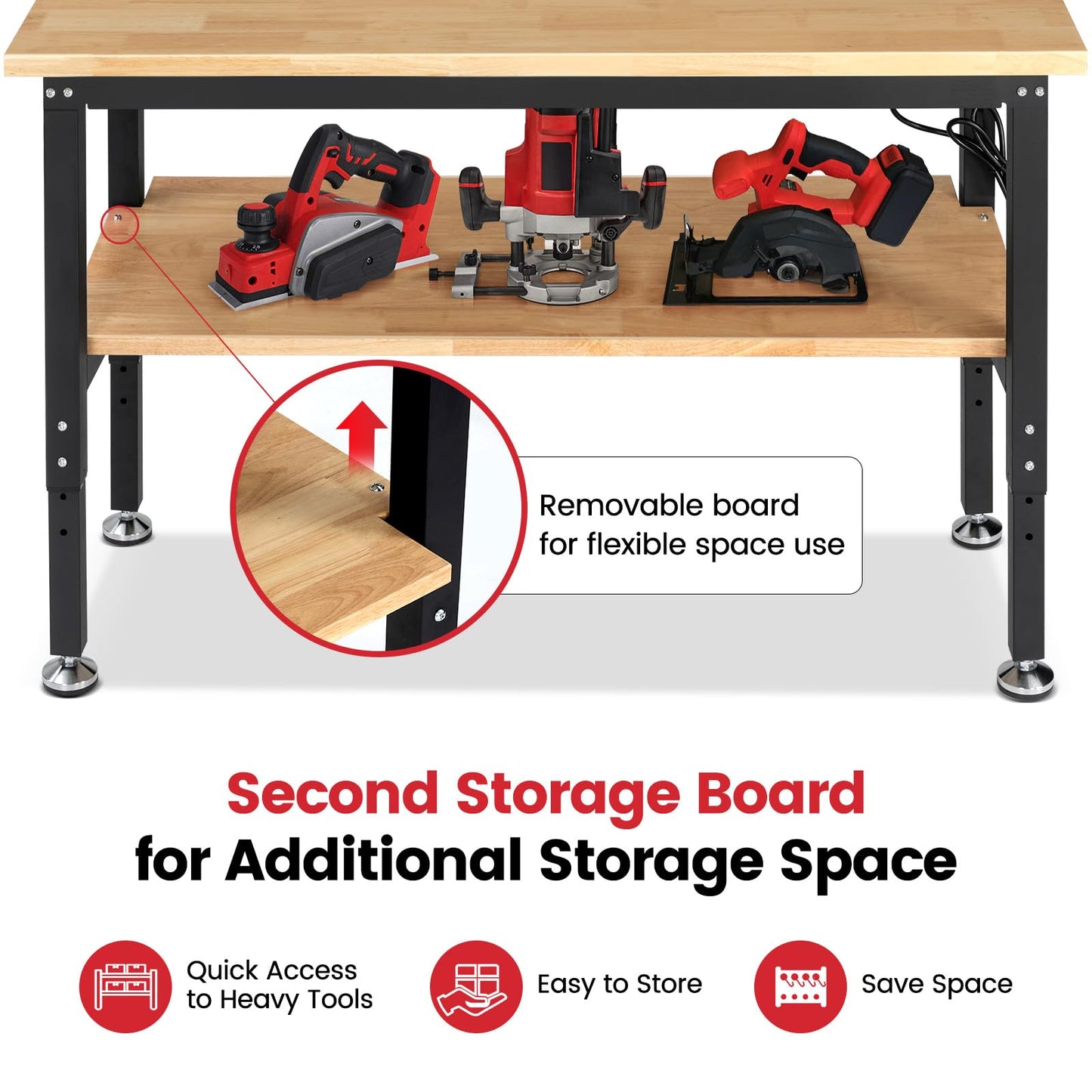 ENJOYWOOD 60" x 22" Adjustable Height Workbench with Under Table Shelf Heavy Duty Rubberwood Top Work Table for Garage, Workshop, Office & Home