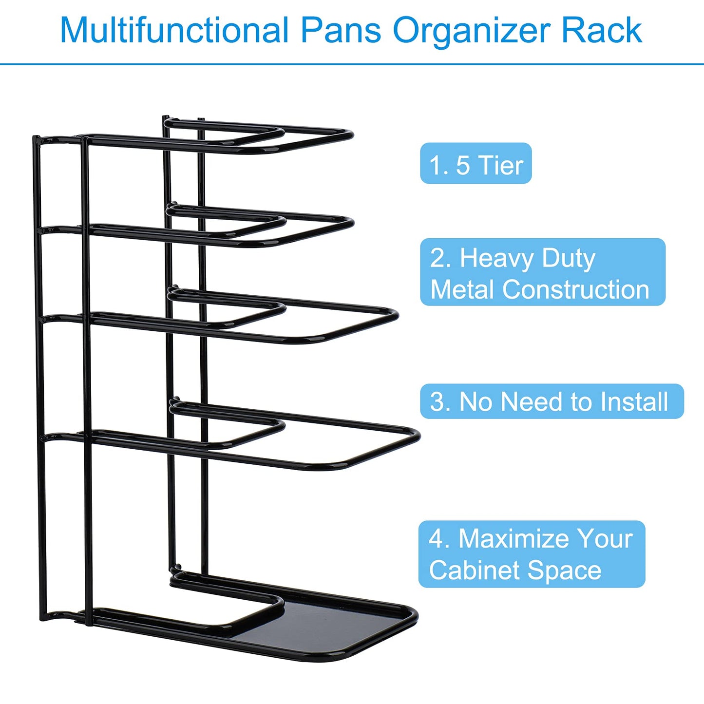 Toplife Heavy Duty Pan Organizer, 5 Tier Pot and Pan Organizer Rack for Cast Iron Skillets, Griddles and Pots - Sturdy Steel Construction- No Assembly Required - Black